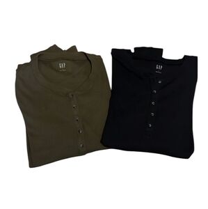 2 GAP Henley Ribbed Crew Neck Shirts Olive & Black Long Sleeve Womens Large